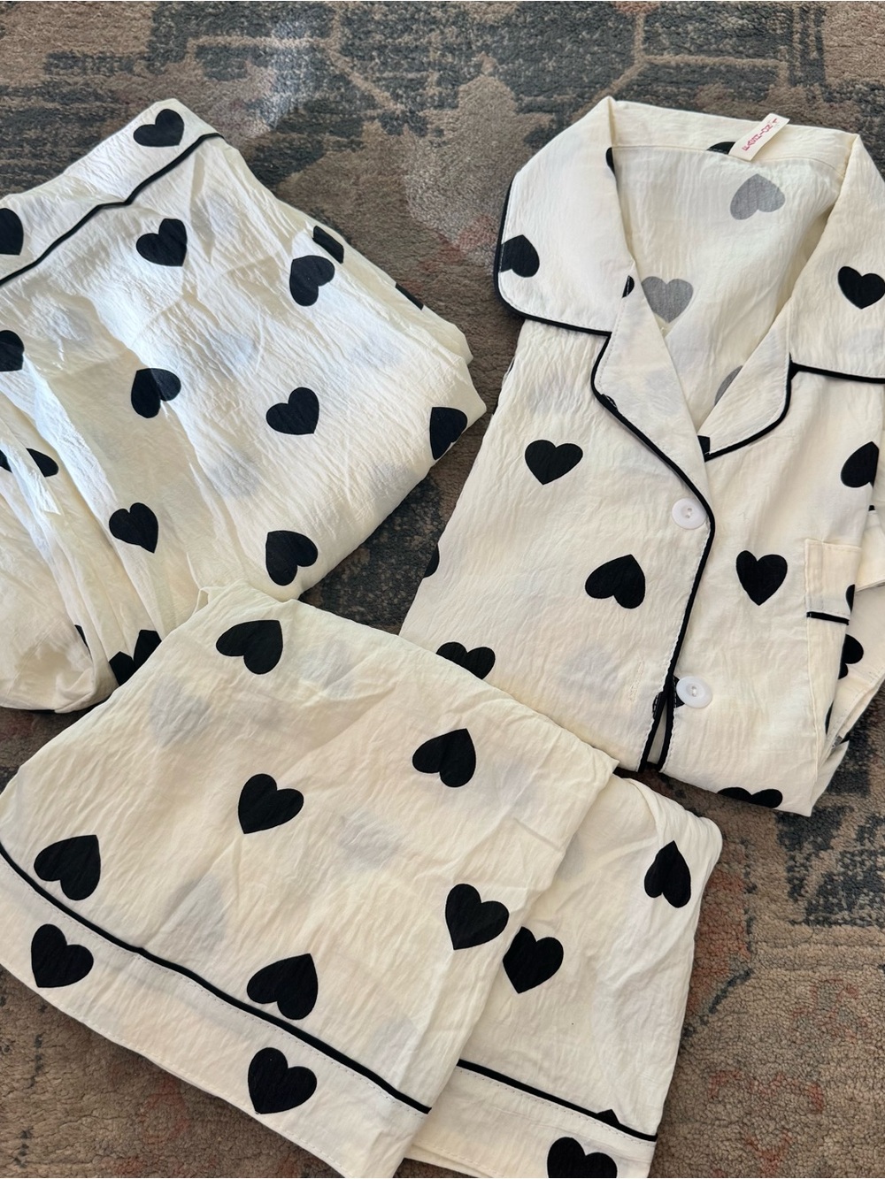 Black Heart Print Pajama Set - White with Black Trim
